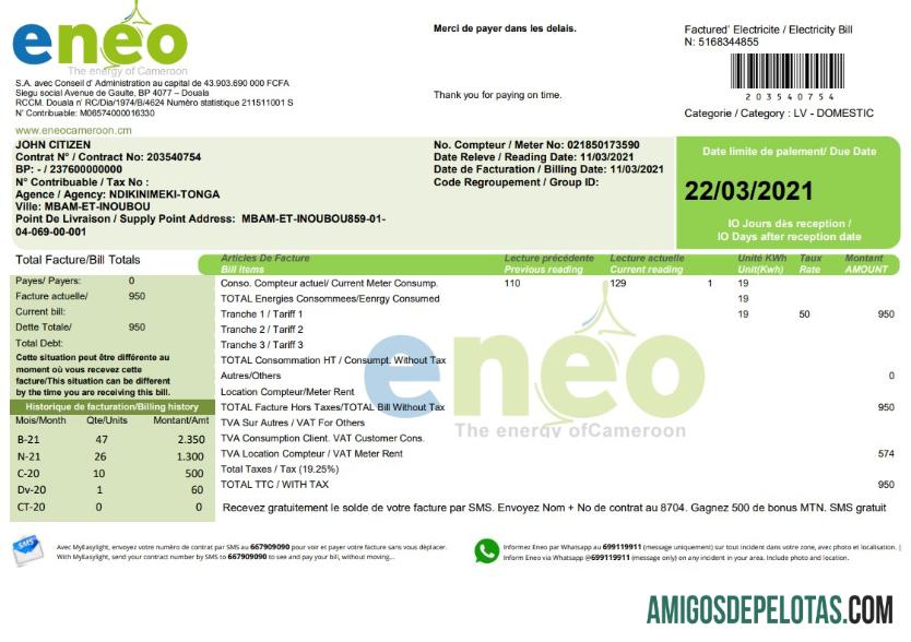 Em branco modelo de fatura de serviços públicos de eletricidade ENEO dos Camarões em formato Word e PDF (versão atual)
